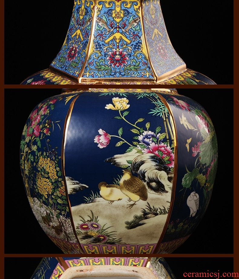 Jingdezhen ceramics vase archaize principal enamel pastel color six sides crafts decorative painting of flowers and collection