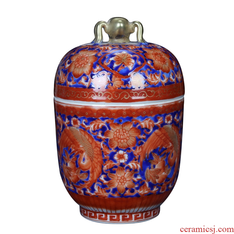 Jingdezhen ceramics red colored enamel spiders jinding phoenix and tank storage tank Chinese crafts collection