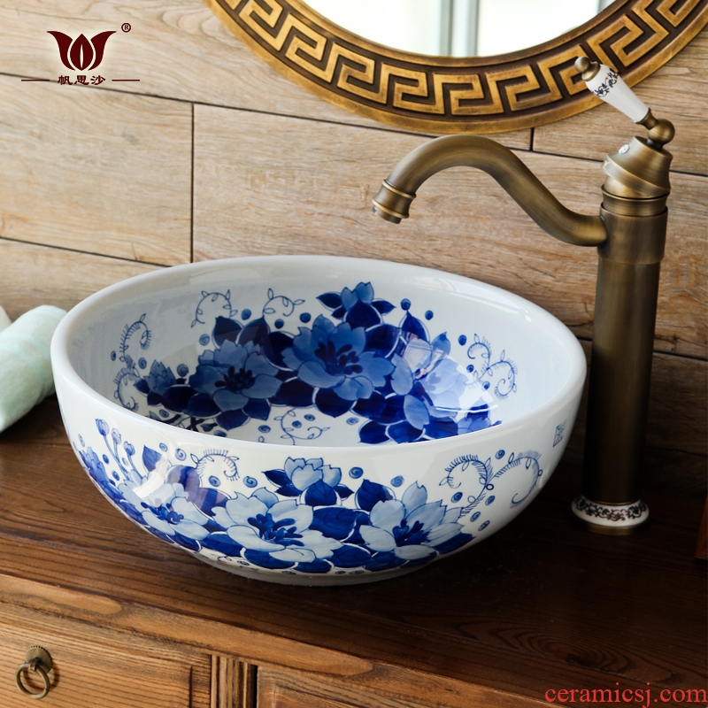 New Chinese style of blue and white porcelain balcony sink basin of single ceramic lavatory basin of restoring ancient ways is the stage art basin of home stay facility