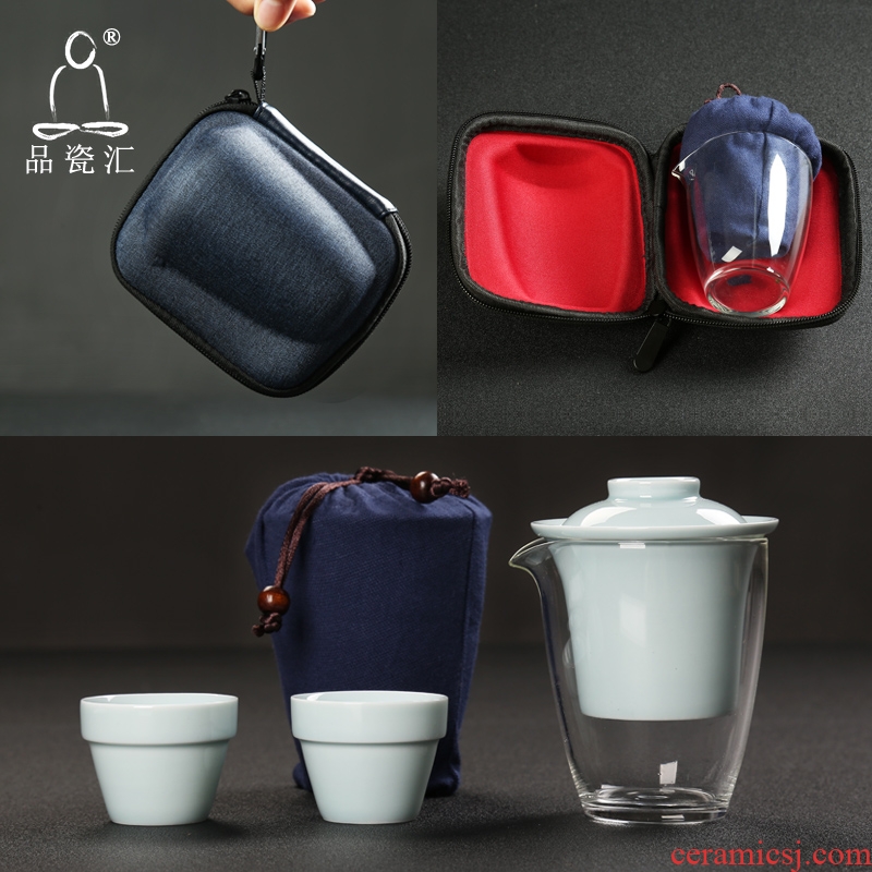 The Product celadon porcelain remit crack glass ceramic filtering kung fu tea set with a pot of portable travel two cup and glass cup