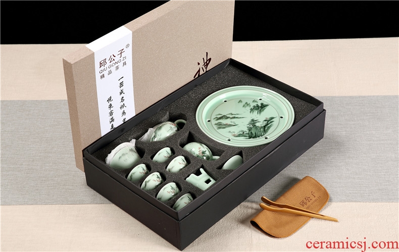 Celadon chaozhou kunfu tea tea cup lid bowl suit ceramic circular water small tea tray was gift boxes