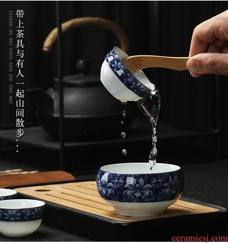 Creative household ceramic crack of blue and white porcelain cup kung fu tea set to receive a portable bag travel office tea set