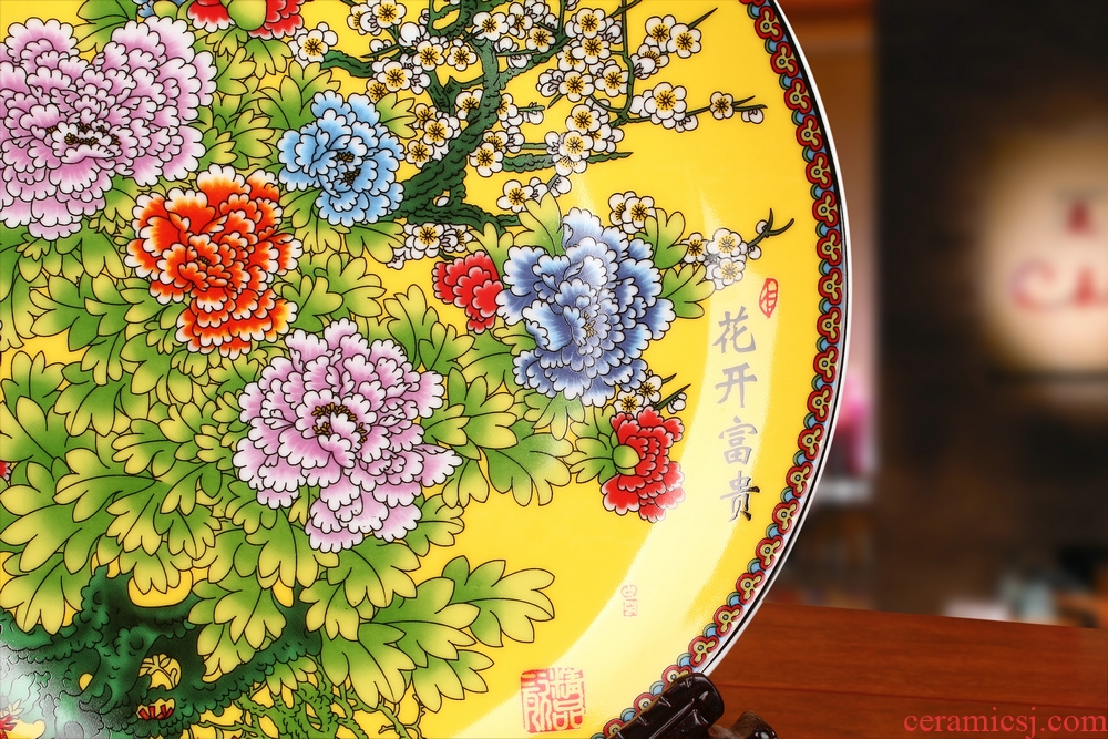 Jingdezhen ceramics enamel see colour yellow peony sit faceplate hang dish modern Chinese style decoration plate furnishing articles