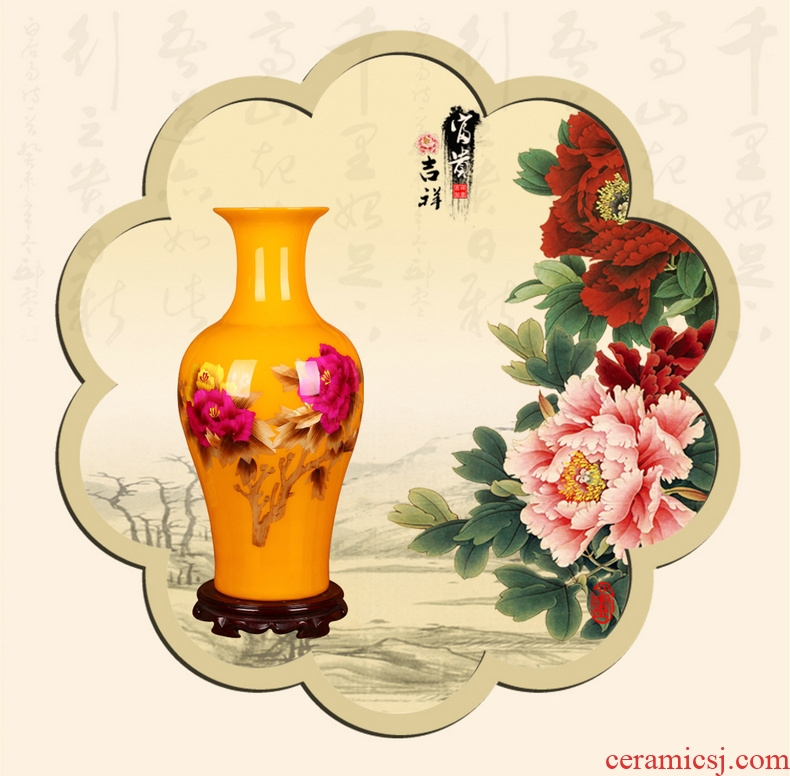 Jingdezhen ceramics palace yellow straw vase peony riches and honour vase opening gifts collection place decoration