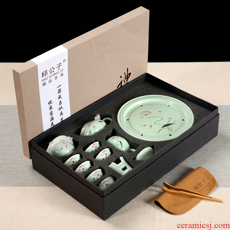 Celadon chaozhou kunfu tea tea cup lid bowl suit ceramic circular water small tea tray was gift boxes