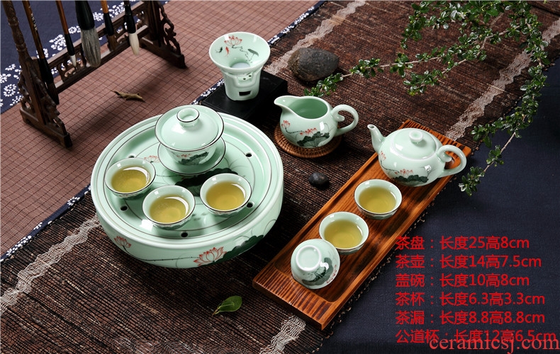 Celadon chaozhou kunfu tea tea cup lid bowl suit ceramic circular water small tea tray was gift boxes