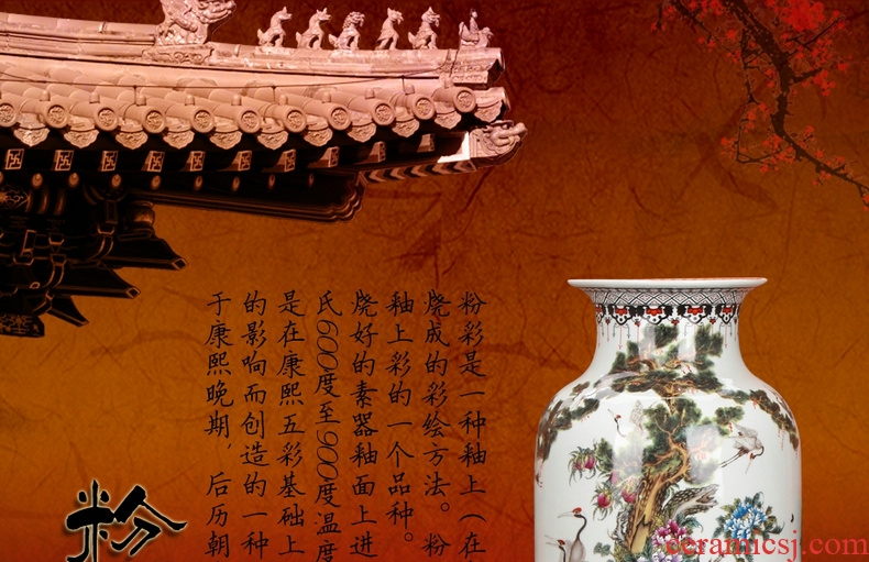 Jingdezhen ceramics powder enamel pine crane live idea gourd of large vases, modern Chinese style household crafts