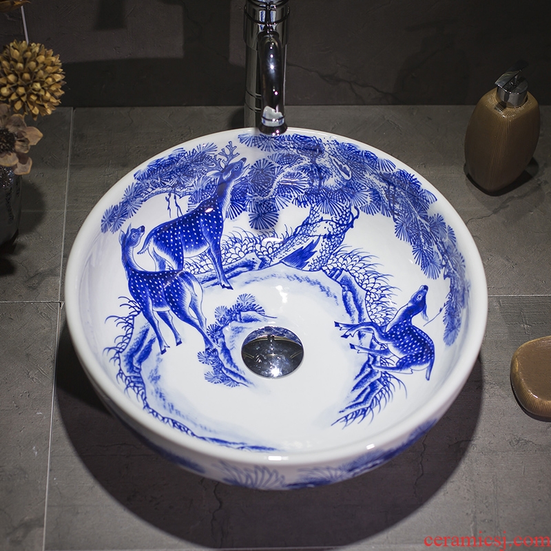 The stage basin sink hand - made small family archaize circular lavatory new Chinese style restoring ancient ways of blue and white porcelain ceramic wash basin