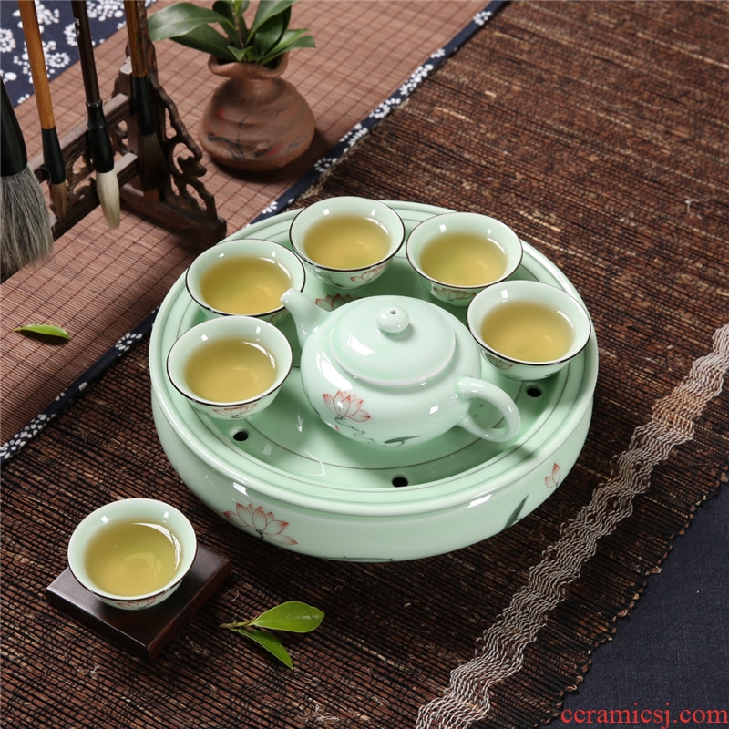 Household celadon chaoshan chaozhou kunfu tea tea cup lid bowl suit ceramic circular water small tea tray