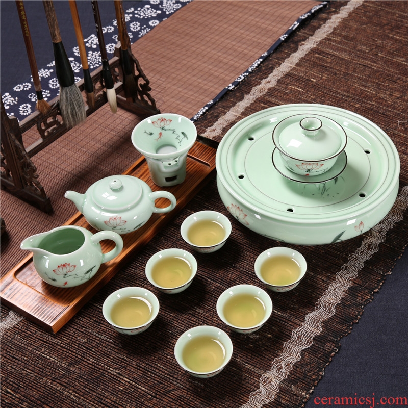 Celadon chaozhou kunfu tea tea cup lid bowl suit ceramic circular water small tea tray was gift boxes