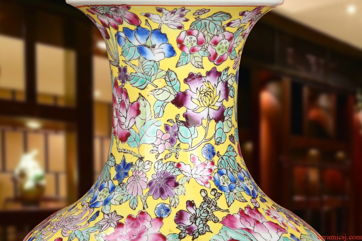 End of jingdezhen ceramics high - End antique boutique pastel yellow flower peony hand - made furniture of large vase