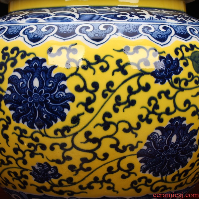 Jingdezhen blue and white flowers around branches yellow glaze ceramic vase large storage tank large caddy fixings decorative furnishing articles