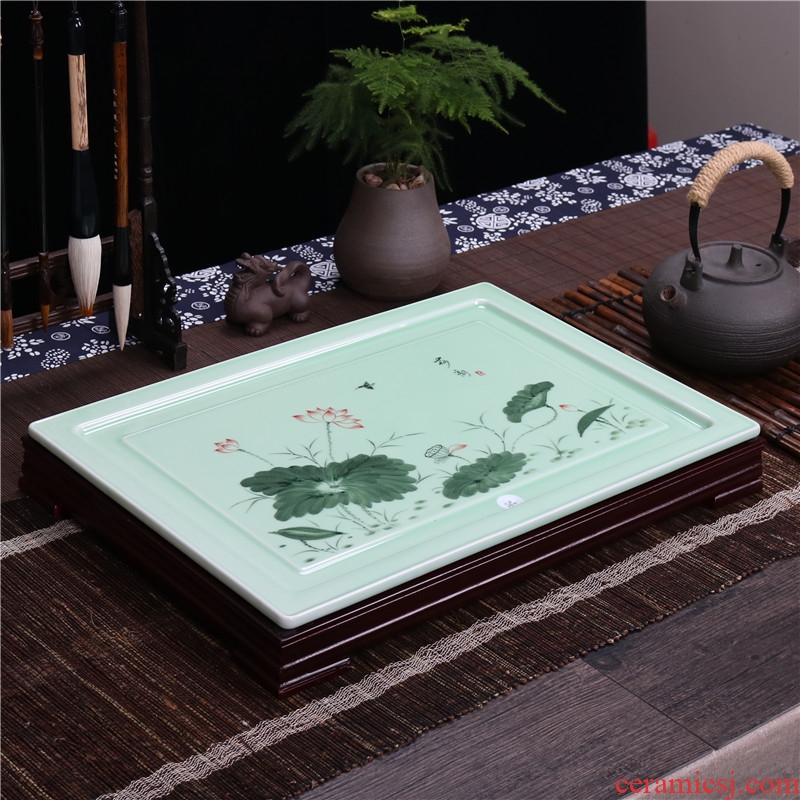 Home sitting room tea set ceramic celadon kung fu tea tray rectangle drainage tea tea tea plate of I and contracted