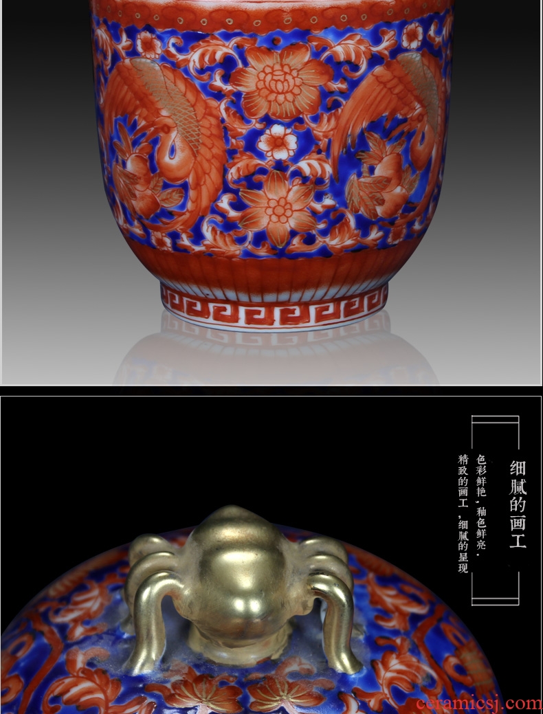 Jingdezhen ceramics red colored enamel spiders jinding phoenix and tank storage tank Chinese crafts collection