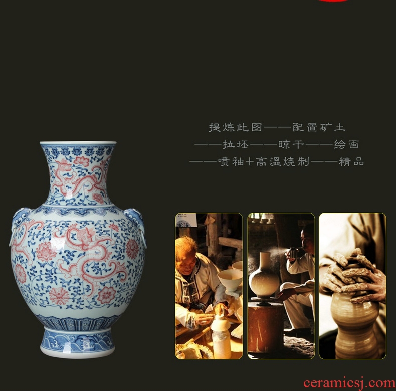 Jingdezhen blue and white youligong ceramics vase high - grade hand - made porcelain double elephant ear shell dragon vase lion