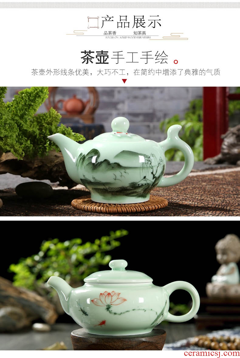 Household longquan celadon lotus carp kung fu tea set ceramic teapot teacup I and contracted style chaoshan