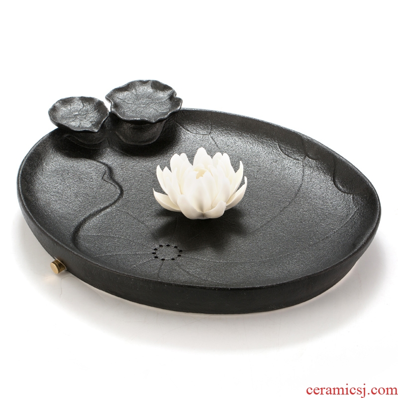 Creative dual ceramic row storage type dry mercifully tea tray with large black pottery lotus saucer variable blue tea tray