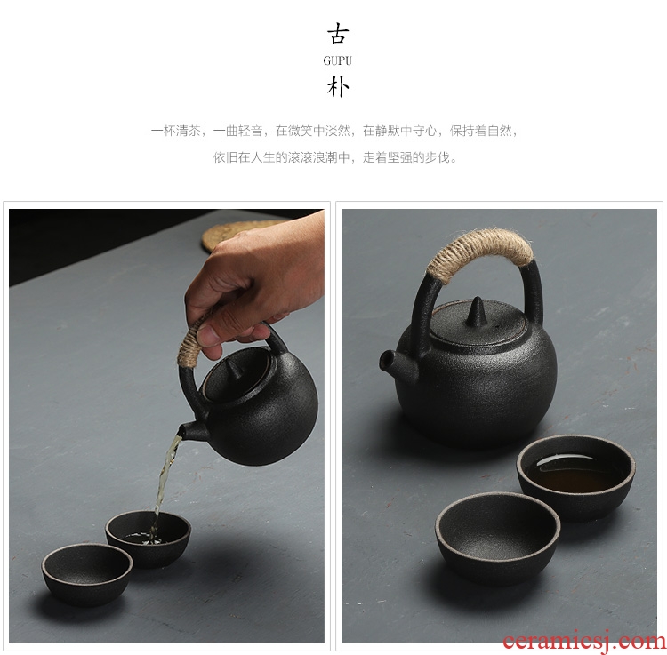 Morning cheung kung fu tea sets coarse pottery Japanese black ceramic tea set travel tea set a pot of tea tray 2 cup gift box