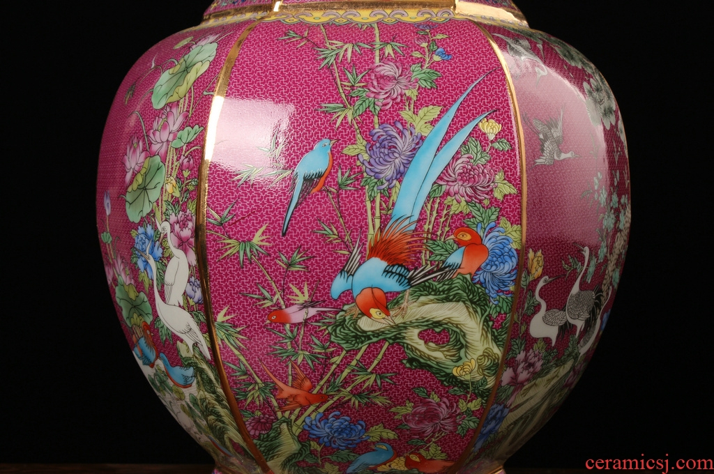 Jingdezhen ceramics archaize principal colored enamel painting of flowers and six sides vases, modern household crafts collection