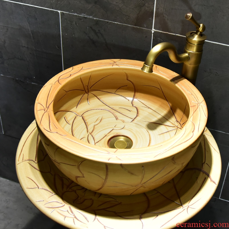 Ceramic basin of pillar type washbasin hand - carved archaize lotus leaf pillar of small family toilet floor for wash gargle