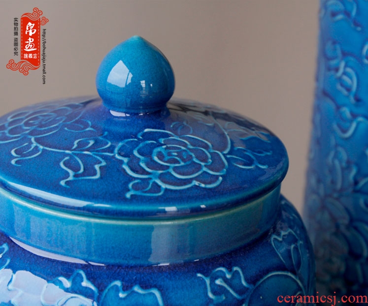 Jingdezhen ceramic vase furnishing articles blue anaglyph sitting room home flower adornment fashion creative housewarming gift