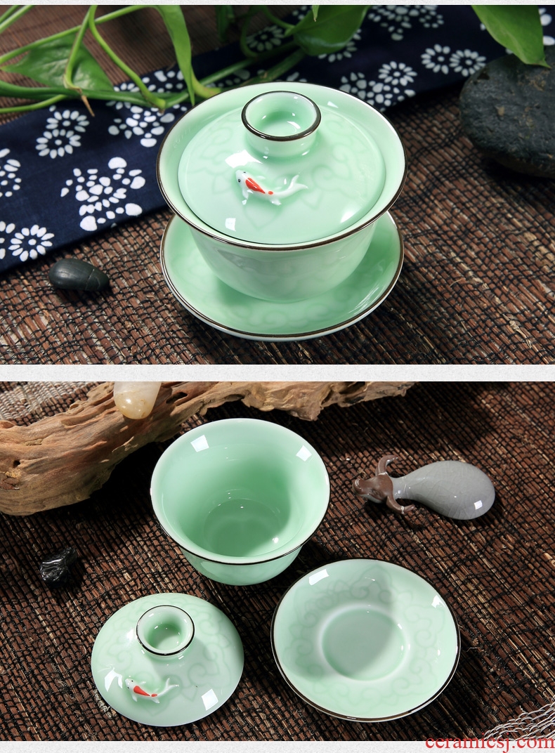 The Home of kung fu tea set ceramic longquan celadon hand - made tureen tea cup bowl bowl three cups of small size