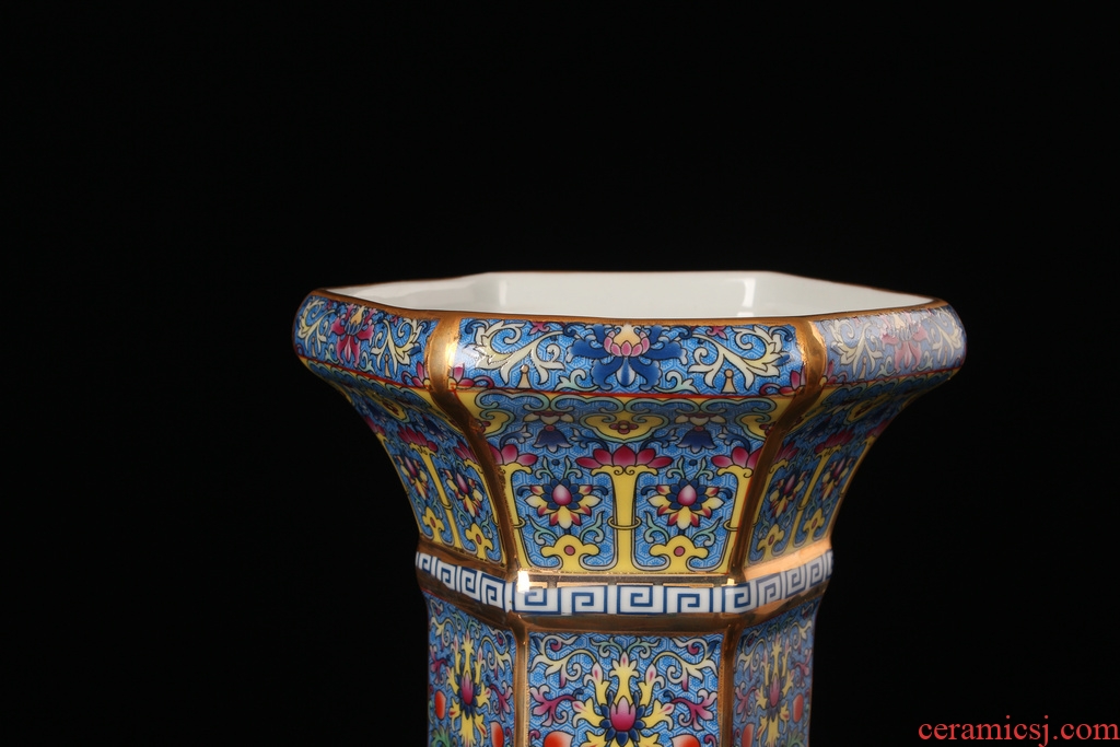 Jingdezhen ceramics vase archaize principal enamel pastel color six sides crafts decorative painting of flowers and collection