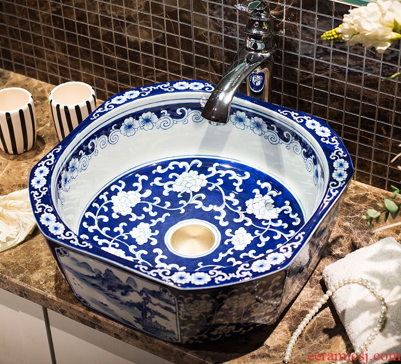 On blue and white art ceramic lavatory basin household bathroom toilet lavabo, basin water basin basin