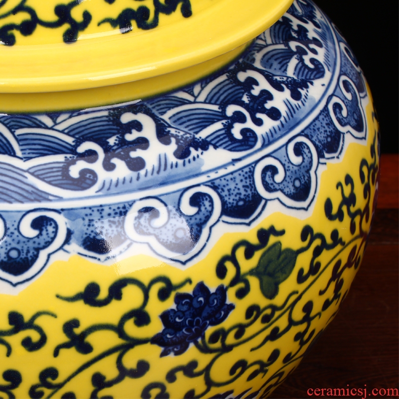 Jingdezhen blue and white flowers around branches yellow glaze ceramic vase large storage tank large caddy fixings decorative furnishing articles