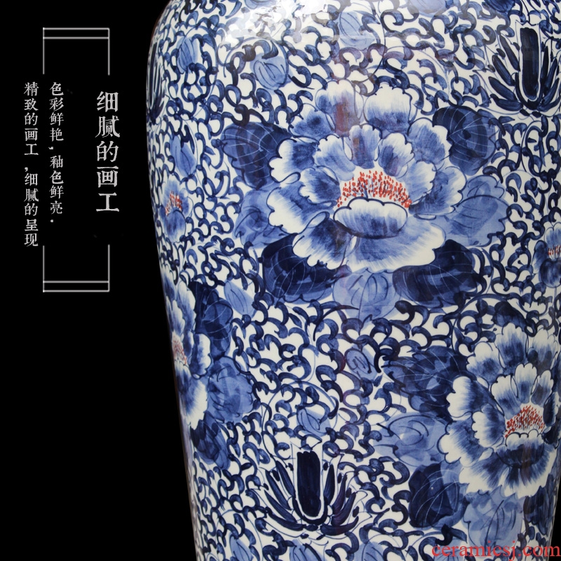 Jingdezhen blue and white peony flowers prosperous large hand - made ceramics vase lobby sitting room adornment is placed