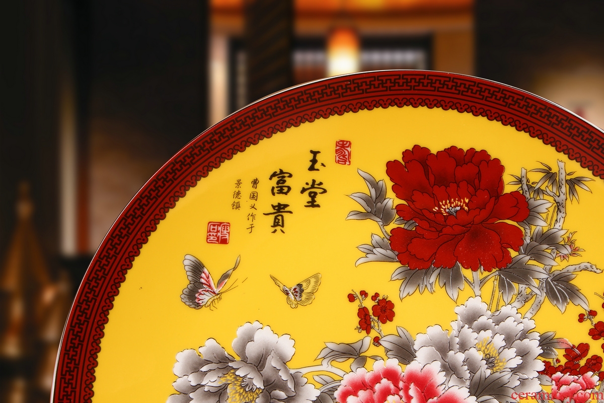 Jingdezhen ceramics in yellow CV 18 riches and honor peony hang dish plate faceplate furnishing articles of Chinese style household decoration
