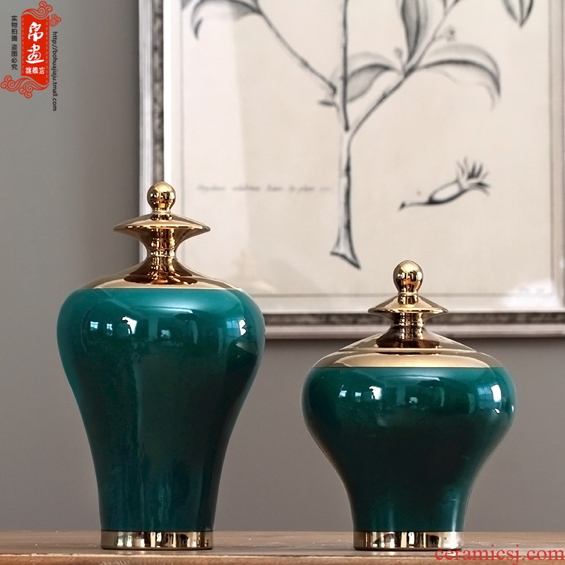 I and contracted gold - plated vase jingdezhen porcelain pot furnishing articles retro fresh green color glaze decorations by hand