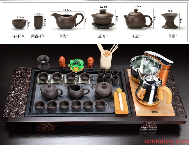 Talk of household solid wood tea set home sitting room ground ceramic kung fu tea sets of a complete set of automatic electric appliance