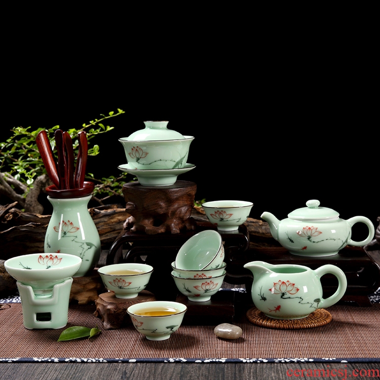 Household hand - made ceramic celadon lotus tea chaoshan kungfu tea set tea tureen teapot noggin