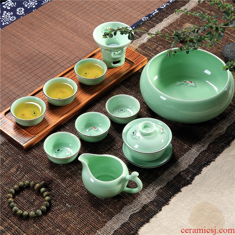 Household longquan celadon carp fish, goldfish ceramic kunfu tea tea set the teapot tea cups with Chinese style