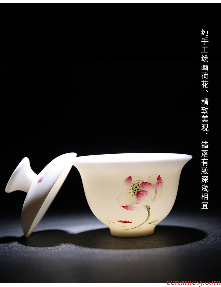 The Product dehua porcelain remit jade built white porcelain lotus rhyme tureen ceramic three mercifully tea tureen tea set