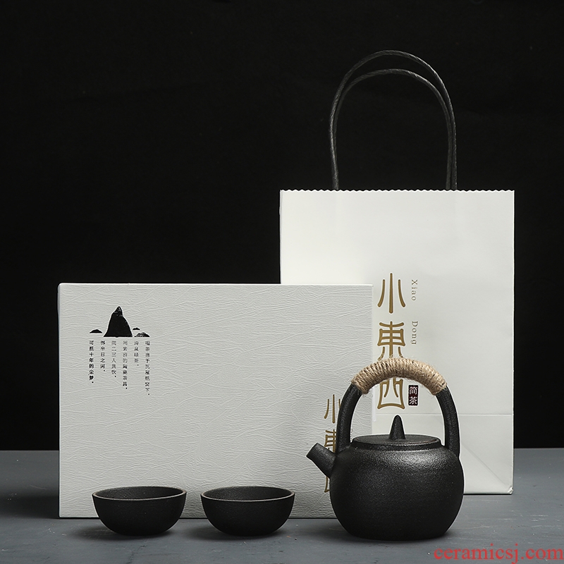 Morning cheung kung fu tea sets coarse pottery Japanese black ceramic tea set travel tea set a pot of tea tray 2 cup gift box