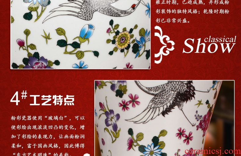Jingdezhen ceramics powder enamel noctilucent pine crane, guanyin of large vases, modern Chinese style household crafts