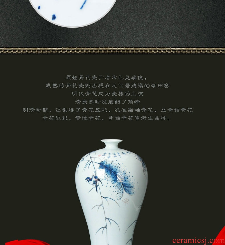 Modern Chinese hand - made flowers and birds of blue and white porcelain of jingdezhen ceramics name plum bottle home furnishing articles sitting room adornment