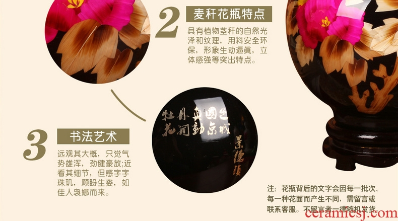 Jingdezhen ceramics modern black straw peony flowers prosperous vase high - end furnishing articles of Chinese style household decoration