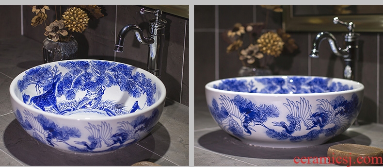 The stage basin sink hand - made small family archaize circular lavatory new Chinese style restoring ancient ways of blue and white porcelain ceramic wash basin