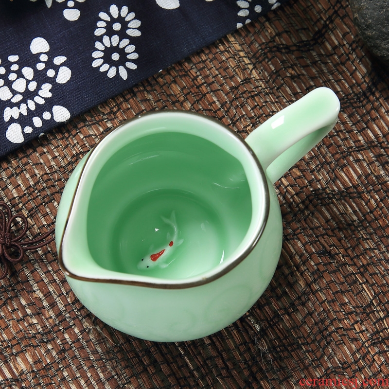 Household longquan celadon carp fish, goldfish ceramic kunfu tea tea set tureen cup small tea cups