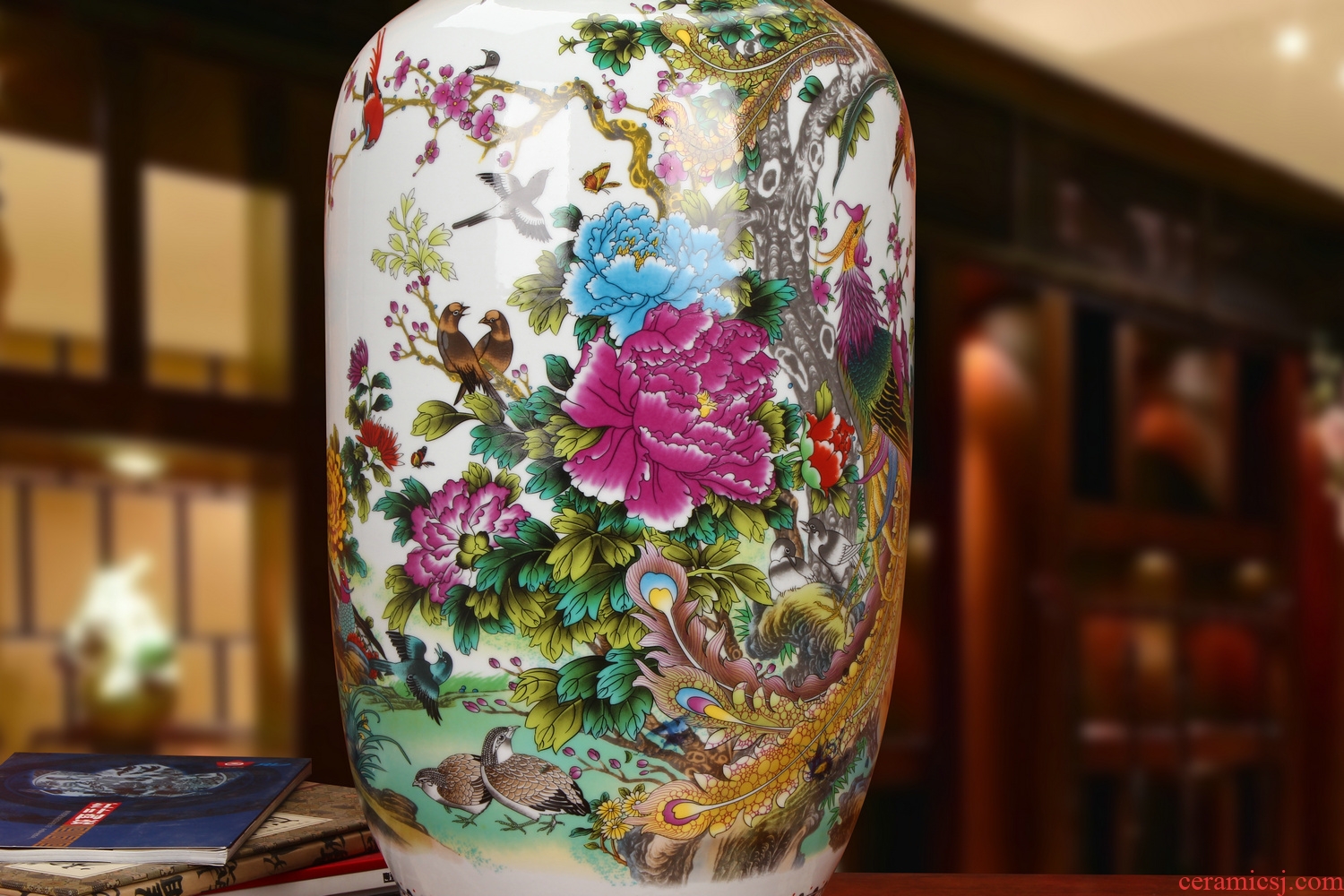 Idea for gourd jingdezhen ceramics powder enamel birds pay homage to the king of large vases, modern Chinese style household crafts