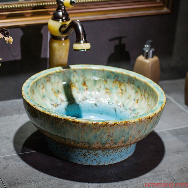 The stage basin small tall foot cup blue glaze jade art basin household lavatory ceramic lavabo small family model basin