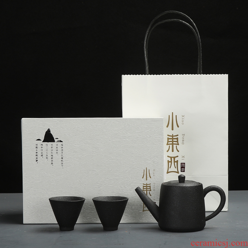 Morning cheung kung fu tea sets coarse pottery Japanese black ceramic tea set travel tea set a pot of tea tray 2 cup gift box