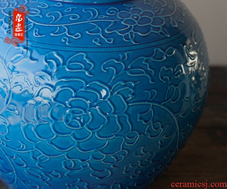 Porch receive furnishing articles of jingdezhen ceramics relief blue vase pot - bellied pot flower arranging Chinese style household ornaments
