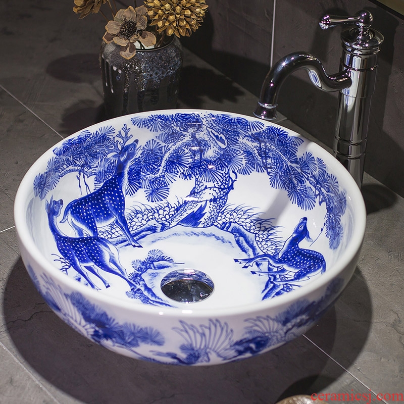 The stage basin sink hand - made small family archaize circular lavatory new Chinese style restoring ancient ways of blue and white porcelain ceramic wash basin