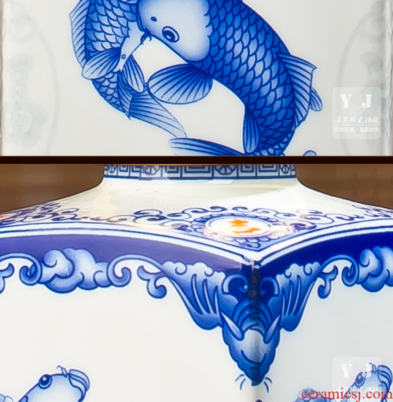 Jingdezhen ceramic bottle 2 jins with square bottle wine jar blue carp jump longmen decoration wine decanters