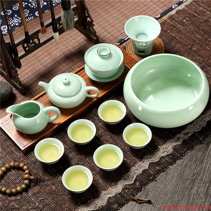 Household longquan celadon carp fish, goldfish ceramic kunfu tea tea set the teapot tea cups with Chinese style