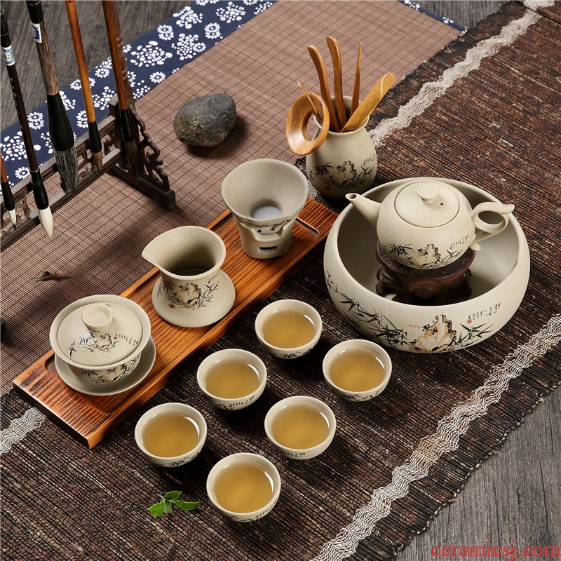 Ceramic purple sand coarse pottery tea kungfu tea set earthenware tureen restoring ancient ways suit Chinese style household Japanese tea cups
